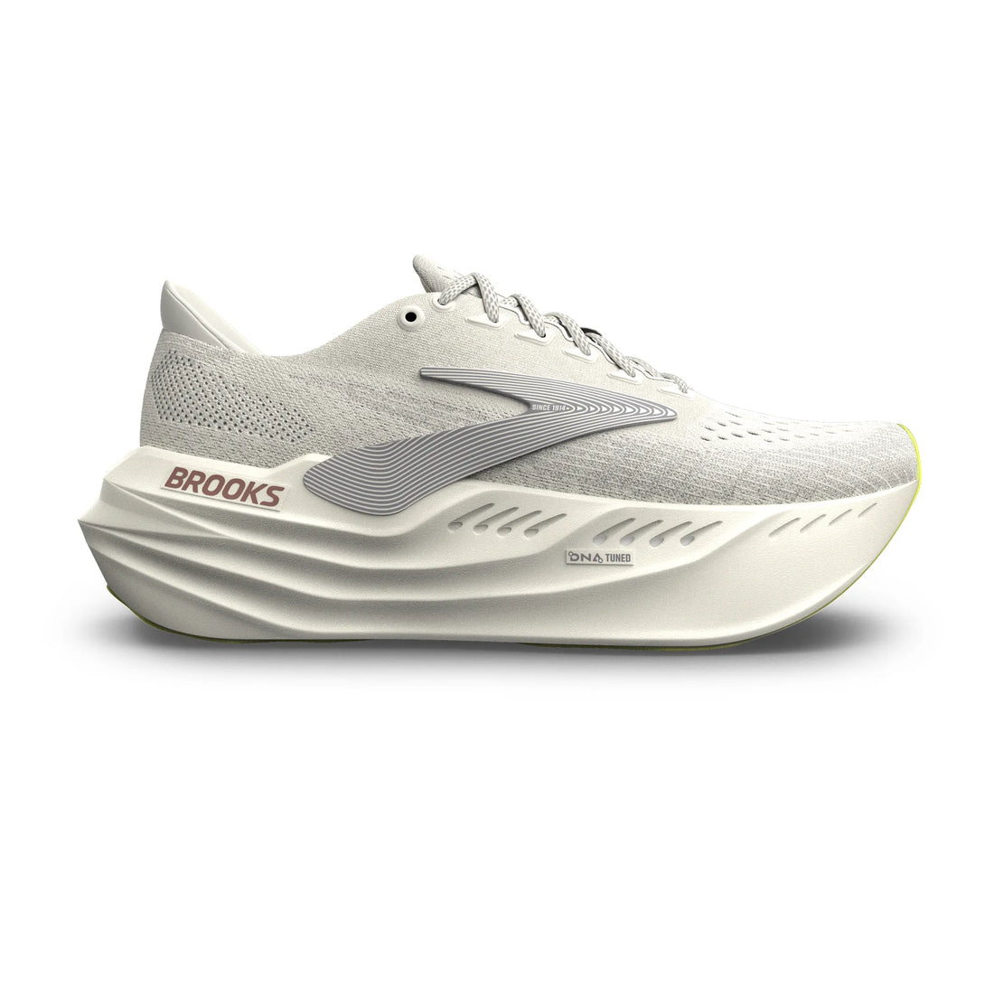 White running shoe with 'Brooks' branding on a white background