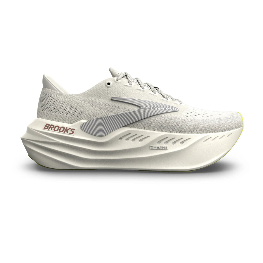 White running shoe with 'Brooks' branding on a white background