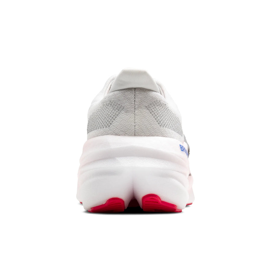 Back view of a gray and white sneaker with red accents on a white background