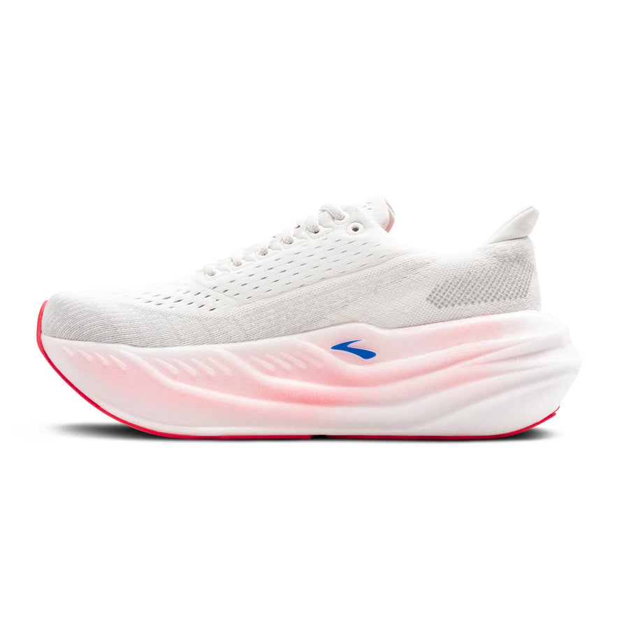 White running shoe with red sole on a white background