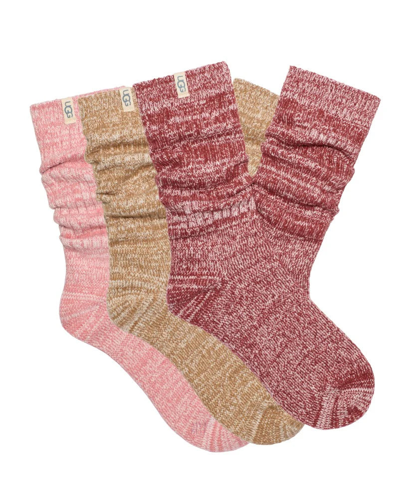 WOMEN'S UGG RIB KNIT SLOUCHY CREW SOCK 3 PACK | PINK CEDAR / CHESTNUT / RUBIOUS