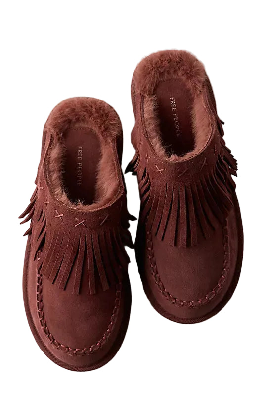 WOMEN'S FREE PEOPLE FALLON FRINGE MULE | MAHOGANY AMBER SUEDE